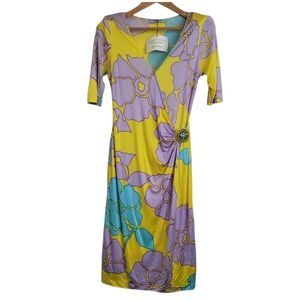 Blumarine Vintage v neck  silk  floral midi dress with jewelled brooch accent